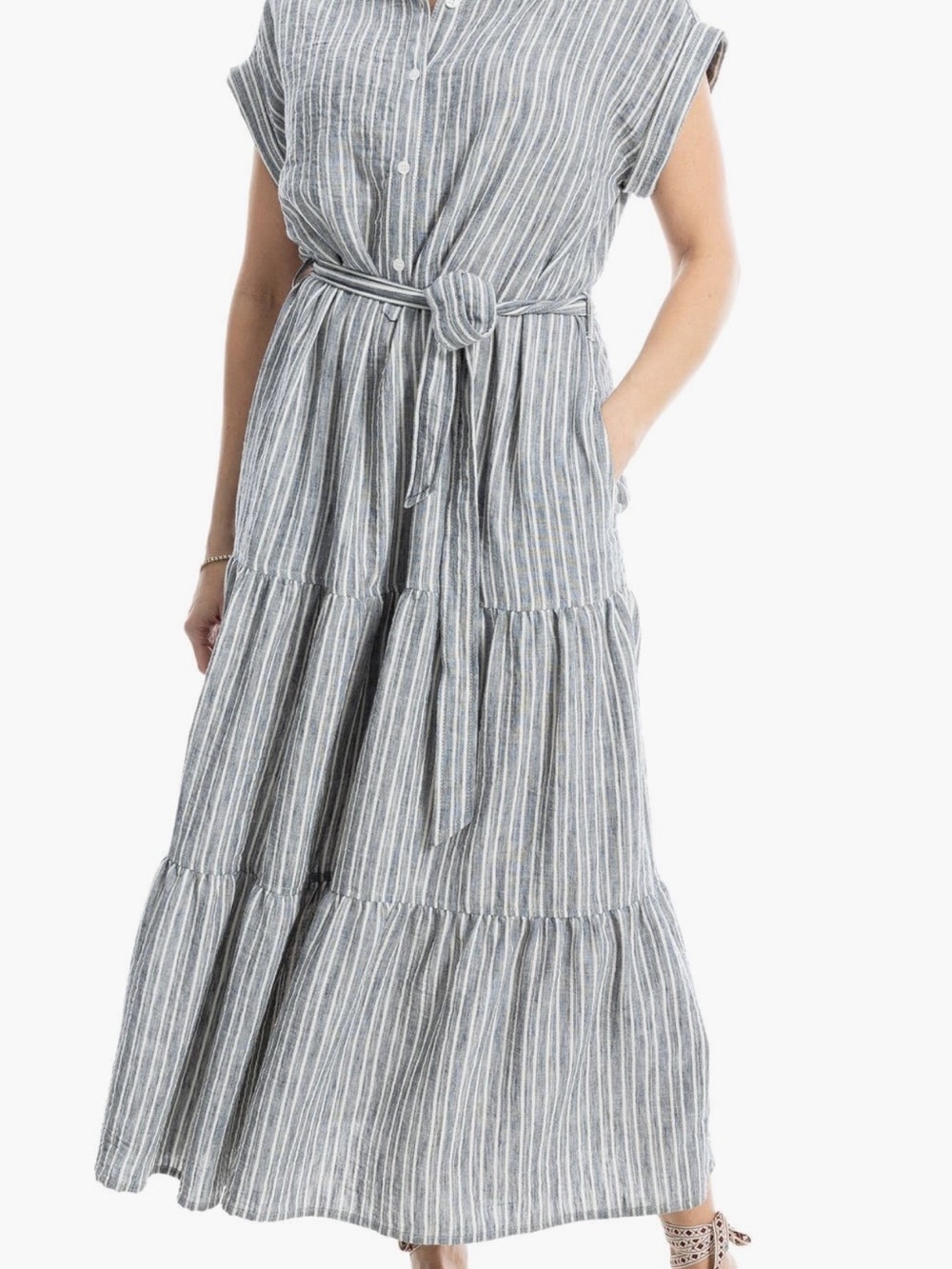 Max Studio Gray Striped Button-Front Tie-Waist Maxi Dress
